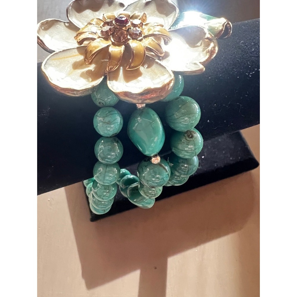 Floral Stretch Bracelet Turquoise Cream Enamel Flower Statement Botanical Whimsy